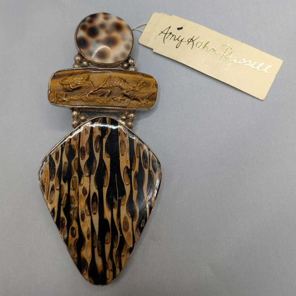 AMY KAHN RUSSELL AKR Horn, tiger's eye, shell Sterling Brooch, Pin, Pendant 925